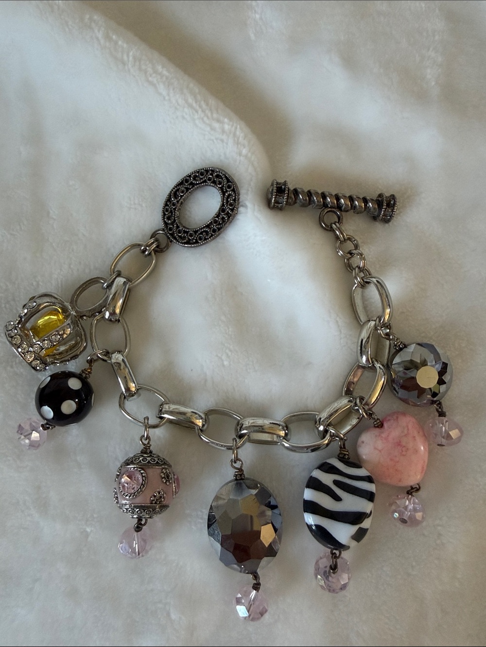 Silver-Tone Pink & Black Charm Bracelet with Mixed Beads